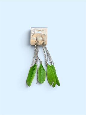 Green Feather Dangle Earrings